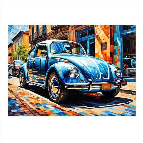 Mavi Retro Kaplumbağa Araba Dekoratif Mdf Tablo 35 cm x 50 cm