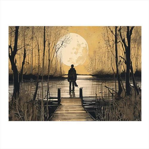 İskelede Siyah Beyaz Adam Desenli Mdf Tablo 35 cm x 50 cm