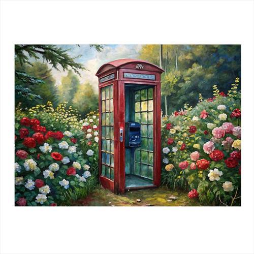 Kırmızı Telefon Kulübesi Ve Çiçekler Mdf Tablo 35 cm x 50 cm