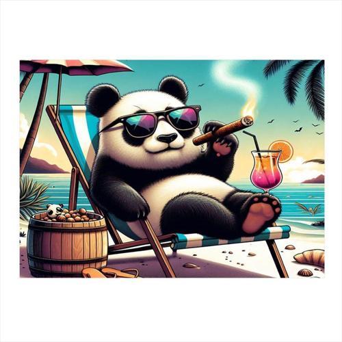 Sahilde Puro İçen Panda Tasarım Mdf Tablo 35 cm x 50 cm