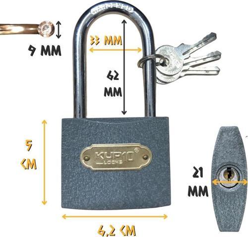 Uzun Kanca Asma Kilit Gri 63 mm. - 3 Anahtarlı