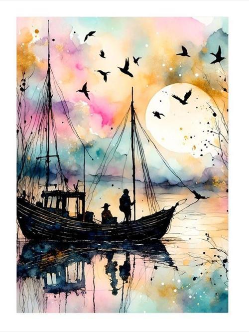 Balıkçı Teknesi Ve Kuşlar Hediyelik Ahşap Tablo 25 cm x 35 cm