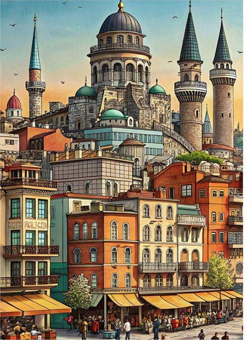 Cami Ve Şehir Desenli Ahşap Tablo 25 cm x 35 cm