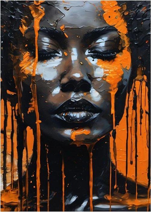 Afrikalı Kadın Ve Turuncu Boyalar Tasarım Ahşap Tablo 35 cm x 50 cm