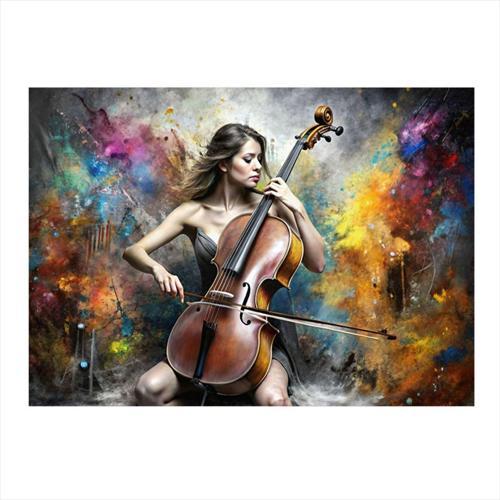 Çello Çalan Kadın Desenli Ahşap Tablo 35 cm x 50 cm