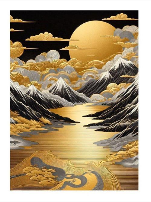 Dağlar Ve Desenli Bulutlar Desenli Ahşap Tablo 50 cm x 70 cm