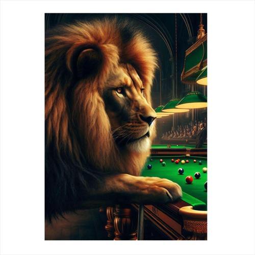 Bilardo Oynayan Aslan Dekoratif ahşap Tablo 35 cm x 50 cm