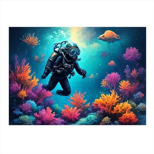 Dalış Yapan Dalgıç Tasarım Ahşap Tablo 35 cm x 50 cm
