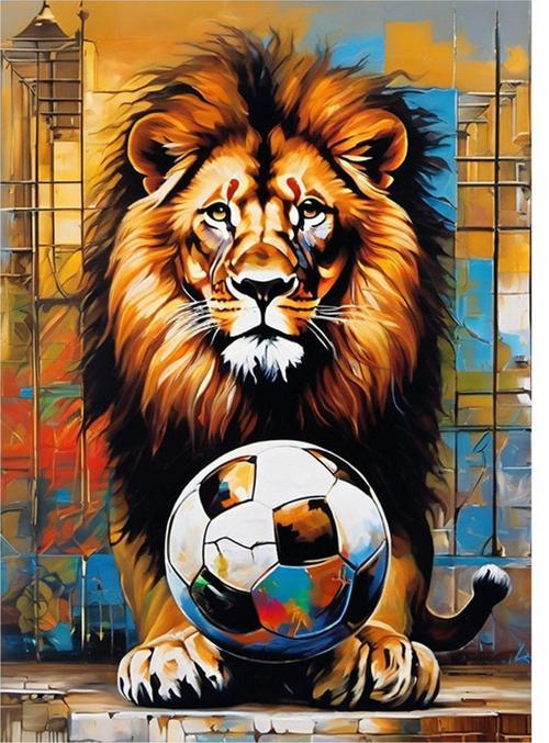 Aslan Ve Futbol Topu Desenli Ahşap Tablo 50 cm x 70 cm