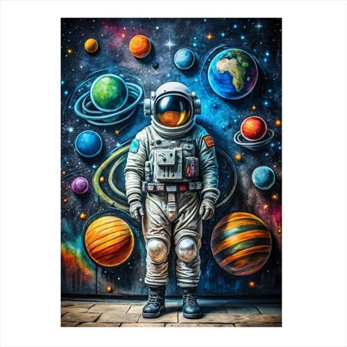Astronot Ve Gezegenler Dekoratif ahşap Tablo 35 cm x 50 cm