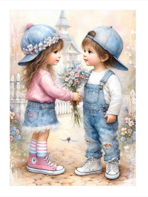 Birbirine Çiçek Veren Çocuklar Dekoratif ahşap Tablo 25 cm x 35 cm