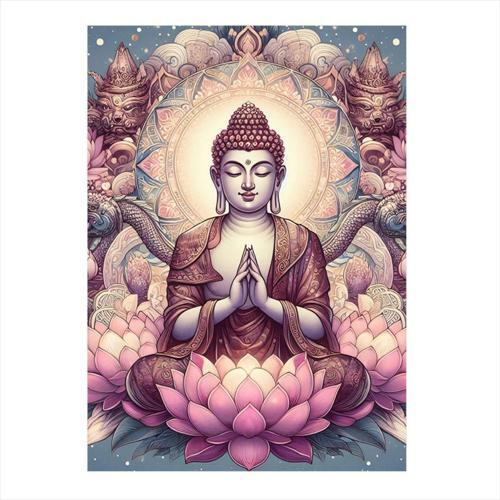 Buda Heykeli Ve Lotus Çiçeği Dekoratif ahşap Tablo 35 cm x 50 cm