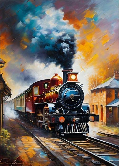 Buharlı Tren Desenli Ahşap Tablo 50 cm x 70 cm