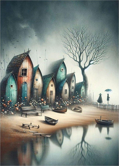 Göl Kenarındaki Evler Modern Ahşap Tablo 50 cm x 70 cm
