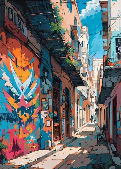 Grafitili Sokak Desenli Ahşap Tablo 50 cm x 70 cm