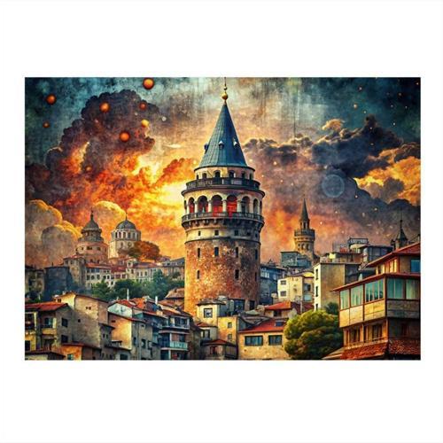Gün Batımı Ve Galata Kulesi Tasarım Ahşap Tablo 35 cm x 50 cm