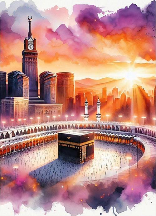 Gün Batımı Ve Kabe Desenli Ahşap Tablo 35 cm x 50 cm