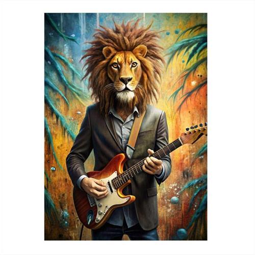 Elektro Gitar Çalan Aslan Desenli Ahşap Tablo 35 cm x 50 cm