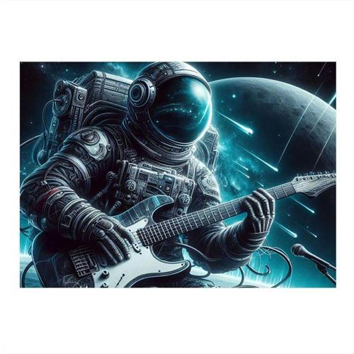 Elektro Gitar Çalan Astronot Dekoratif ahşap Tablo 35 cm x 50 cm