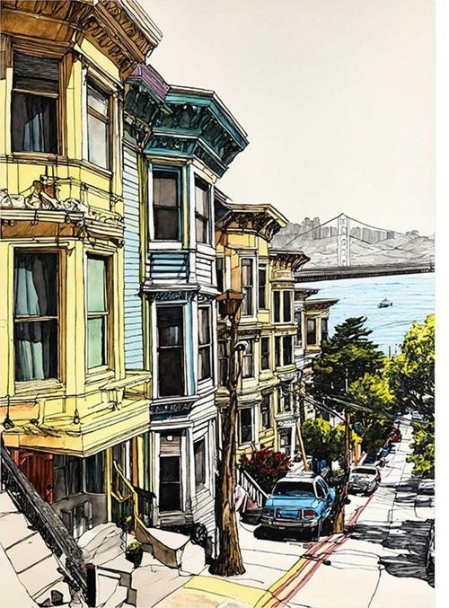 Eski Sanfransisko Sokakları Tasarım Ahşap Tablo 35 cm x 50 cm