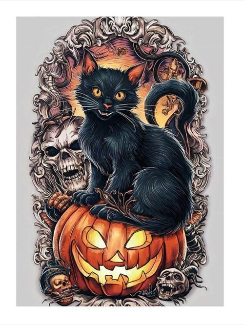 Hallowen Siyah Kedi Bal Kabağı Desenli Ahşap Tablo 25 cm x 35 cm