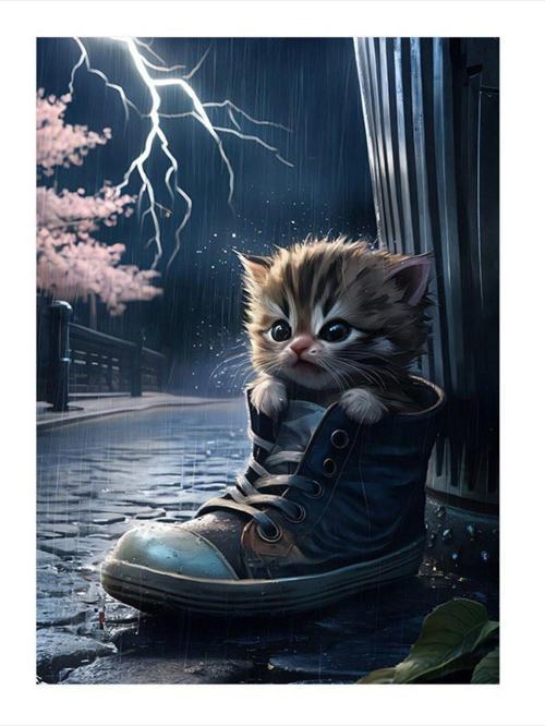 Fırtınada Islanan Yavru Kedi Model Ahşap Tablo 25 cm x 35 cm