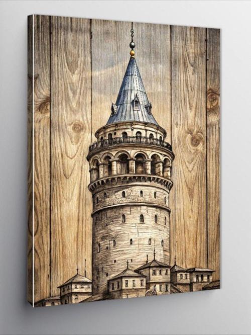 Kanvas Tablo Ahşap Fon Galata Kulesi