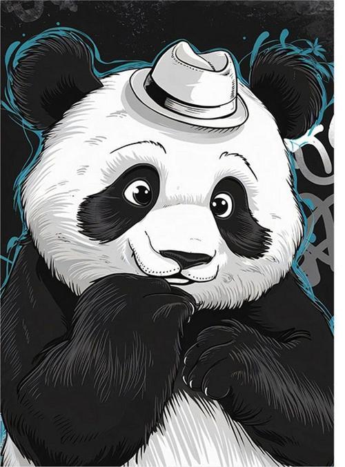 Fötr Şapkalı Panda Desenli Ahşap Tablo 35 cm x 50 cm