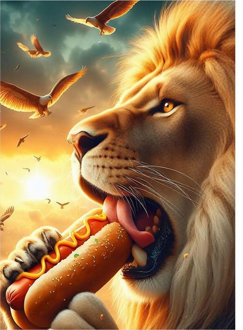 Hotdog Yiyen Aslan Dekoratif ahşap Tablo 35 cm x 50 cm