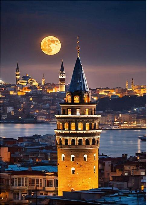 Galata Kulesi Ve Ay Dekoratif ahşap Tablo 35 cm x 50 cm