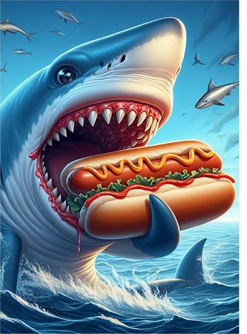 Hotdog Yiyen Köpek Balığı Hediyelik Ahşap Tablo 35 cm x 50 cm