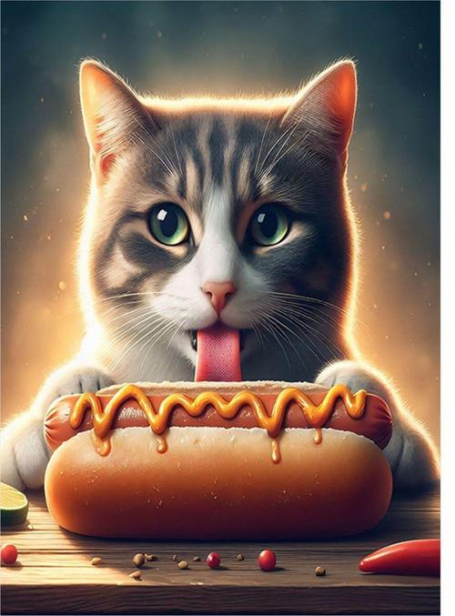 Hotdog  Yiyen Kedi Tasarım Ahşap Tablo 35 cm x 50 cm