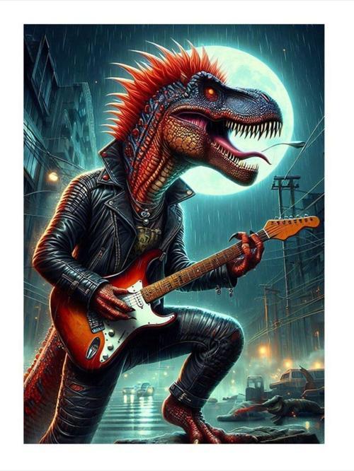 Gitar Çalan Dinazor Model Ahşap Tablo 25 cm x 35 cm