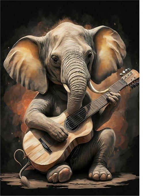 Gitar çalan fil Model Ahşap Tablo 35 cm x 50 cm