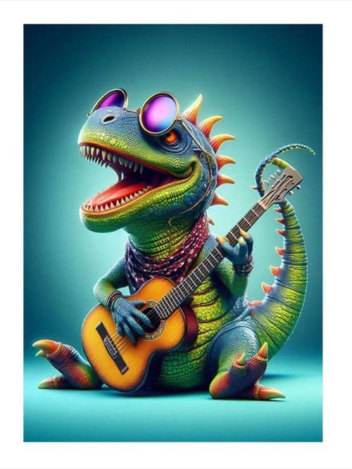 Gitar Çalan Güneş Gözlüklü Dinazor Desenli Ahşap Tablo 25 cm x 35 cm