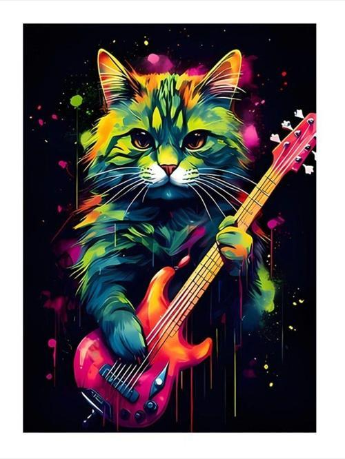 Gitar Çalan Kedi Modern Ahşap Tablo 25 cm x 35 cm