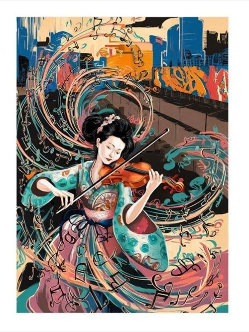 Keman Çalan Japon Kadın Dekoratif ahşap Tablo 25 cm x 35 cm
