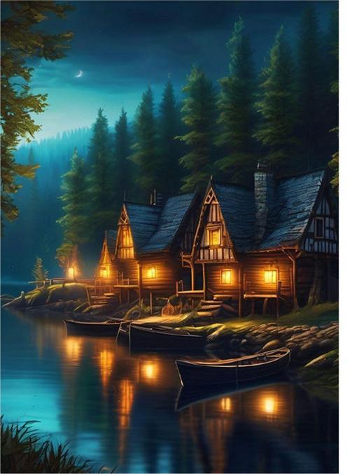 Göl Evi Manzarası Tasarım Ahşap Tablo 50 cm x 70 cm