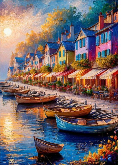 Göl Evi Ve Kayıklar Modern Ahşap Tablo 35 cm x 50 cm