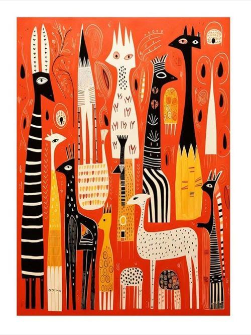 Kırmızı Arka Fon Ve Hayvanlar Tasarım Ahşap Tablo 25 cm x 35 cm