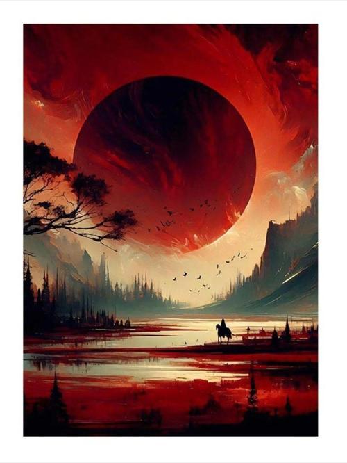 Kırmızı Gökyüzü Manzarası Ve Ay Tasarım Ahşap Tablo 35 cm x 50 cm