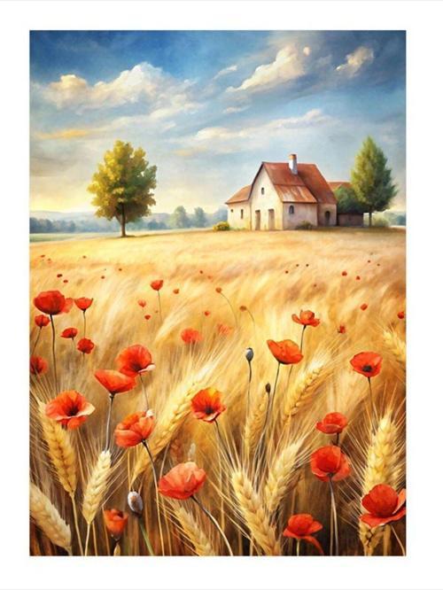 Kırmızı Çiçekler Ve Buğday Tarlası Desenli Ahşap Tablo 25 cm x 35 cm