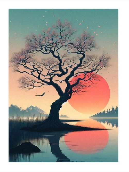 Kırmızı Dolunay Ve Göldeki Ağaç Tasarım Ahşap Tablo 25 cm x 35 cm