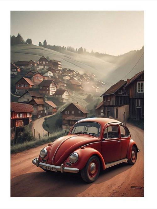 Kırmızı Retro Kaplumbağa Araba Dekoratif ahşap Tablo 25 cm x 35 cm