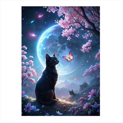 Ormandaki Kedi Ve Kelebek Desenli Ahşap Tablo 35 cm x 50 cm