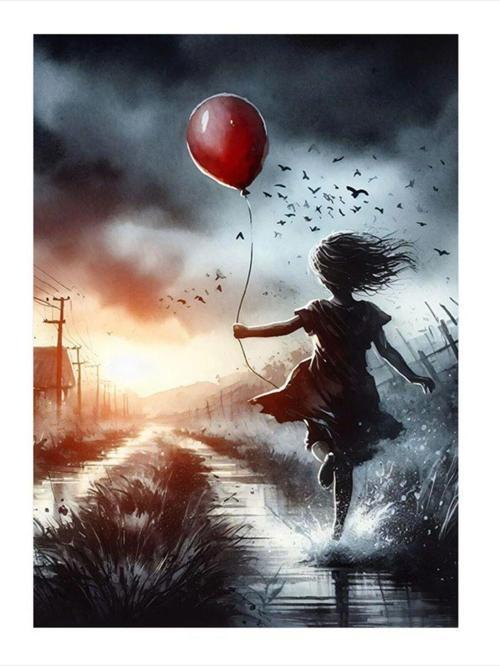 Kırmızı Uçan Balonlu Kız Model Ahşap Tablo 25 cm x 35 cm