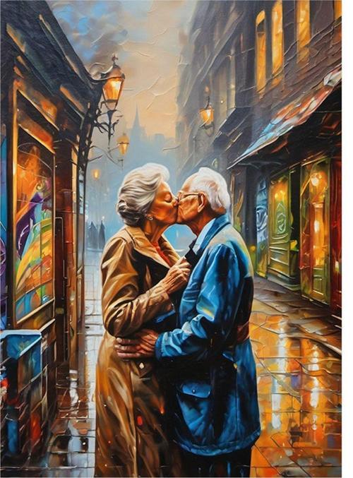 Öpüşen Yaşlı Çift Dekoratif ahşap Tablo 50 cm x 70 cm