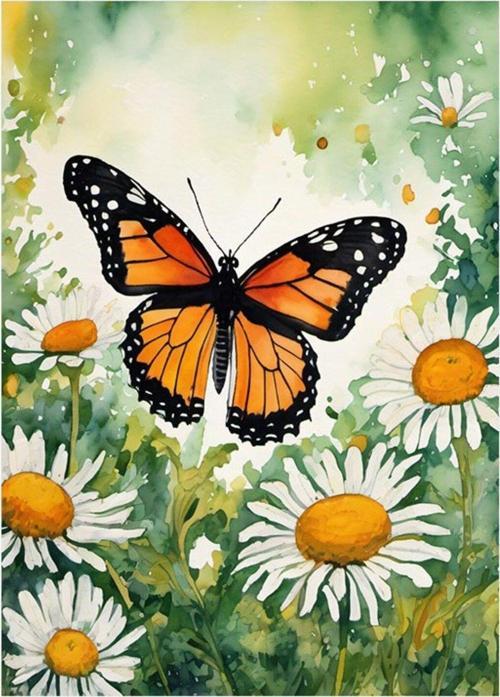 Papatyalar Ve Kelebek Tasarım Ahşap Tablo 35 cm x 50 cm