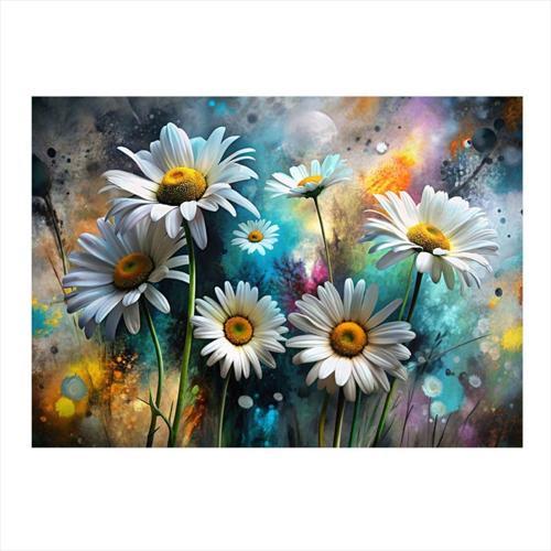 Papatyalar Ve Renkli Boyalar Desenli Ahşap Tablo 35 cm x 50 cm