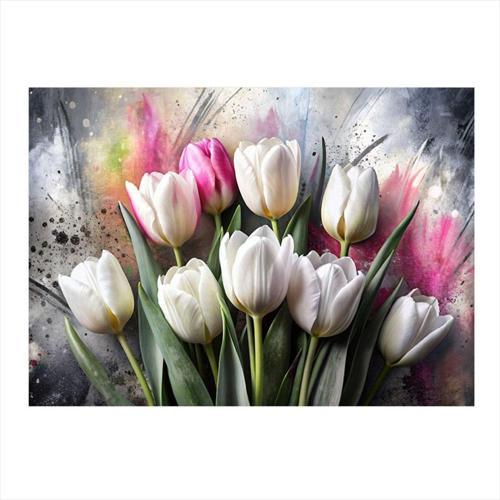 Pembe Beyaz Laleler Desenli Ahşap Tablo 25 cm x 35 cm